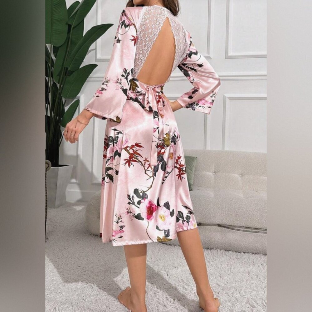 Floral Print Backless Belted Satin Robe